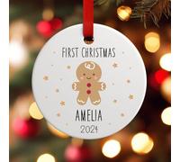 Baby First Christmas Ceramic Bauble | Hand Pressed Ceramic Gingerbread Ornament | Babys 1st Xams Gift Keepsake Tree Decoration (D2 Red Ribbon)