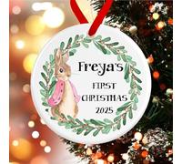 Baby First Christmas Rabbit Wreath Tree Decoration | Personalised New Baby Ornament Ceramic Bauble | Baby Boy Girl Newborn Ornament (D1 Pink)
