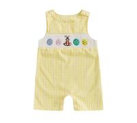 Baby First Easter Bunny Outfit for Boys Gingham Print Bunny Carrot Embroidered Sleeveless One Piece Summer Clothes (Gingham Bunny Eggs Yellow, 3-6 Months)