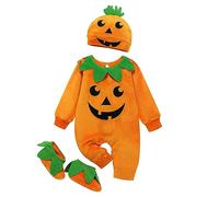 Baby First Halloween Pumpkin Outfit Cute Ghost Jumpsuit Hat Socks Set 3 Piece Long Sleeve Velvet Onesie Warm Footless Bodysuit Fall Winter Fleece Clothes (Orange, 6-12 Months)