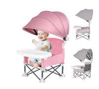 Baby Folding Chair Booster Seat 2024 Toddler Camping Chair with Tray & Canopy Foldable Baby Camping Chair with Tray Portable Baby Feeding Chair for Outdoor Travel Beach Camping (Pink)