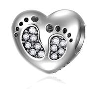 Baby Footprint Heart Charms - 925 Sterling Silver April Birthstone Crystals - Boy/Girl Feet Beads, Gift for Mum Birthday/Nana, Fit Pandora First Mothers Day Bracelet/Necklace