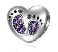 Baby Footprint Heart Charms - 925 Sterling Silver February/June Birthstone Crystals - Girl Birth Foot Beads, Fit Pandora Valentines Day Bracelet, Gift for Birthday/Wife/Husband