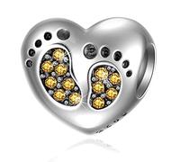 Baby Footprint Heart Charms - 925 Sterling Silver November Birthstone Crystals - Boy/Girl Birth Feet Beads, Fit Pandora Charm Bracelet, Birthday Stone Gift for Mother/Goddaughter