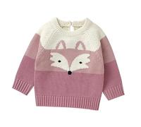 Baby Fox Print Knitted Jumper Girls Boys Color Block Patchwork Ribbed Knit Sweater Cotton Chunky Pullover Round Neck Long Sleeve Knitwear Soft Comfort Unisex Toddler Clothes Gift Outwear Coat Pink