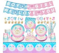 Baby Gender Reveal Party Decoration, Boy or Girl We Love You Banner, Tablecloth, Cake Topper, Plates, Napkins Cups, Straw, Tableware for Baby Gender Reveal Party Supplies, Serves 25