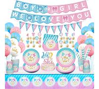 Baby Gender Reveal Party Supplies - Boy or Girl We Love You Banner, Tablecloth, Cake Topper, Balloons, Plates Napkins Cups, Straw, Tableware Serves 25 Guests-202 Pieces