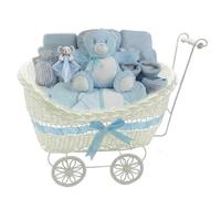 Baby Gift Hamper Basket with Pram, Blue Newborn Boy Essentials Set, Includes Hooded Towel, Muslin Cloth, Fleece Blanket, Bear Comforter, Bib, Bodysuit, Booties