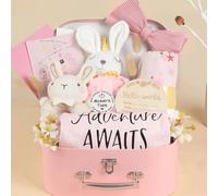Baby Gift Set Baby Shower Gifts Basket for Newborn Newborn Baby Girl Gift Set Pink Baby Gift Basket with Baby Rattle Wrap Blanket Decision Coin Safety Blanket Gender