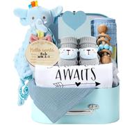 Baby Gift Set Baby Shower Gifts Basket for Newborns New Born Baby Boy Gift Set Blue Baby Gift Basket with Baby Rattle Muslin Towel Security Blanket Gender Reveal Gifts for Baby Girls Boys