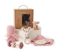 Baby Gift Set for Girls, 6PCS Newborn Gift Set with Bath Towels, Bib, Wooden Toy, Crocheted Rattle and Milestone Cards, Newborn Essentials Gift Set(Pink)