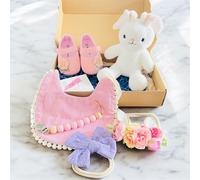 Baby Gift Set with Plush Bunny, Anti-Slip Shoes, Floral Headbands, Lace Bib and Pacifier Clip Holder, Pink, Cream and White (Pink)