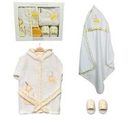 Baby Gifts Baby Boy Girl Unisex for 0-3 Years. 4 Piece Baby Bath Gift Set: Baby Hooded Towel, Bath Robe Dressing Gown with Baby Sponge & Slippers, Baby Gifts (Yellow)
