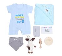 Baby Gifts Basket, Wooden Rattle Toy Baby Shower Gifts Funny Bibs Bath Towel Clothes for Home (Blue)