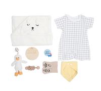 Baby Gifts Basket, Wooden Rattle Toy Baby Shower Gifts Funny Bibs Bath Towel Clothes for Home (White)