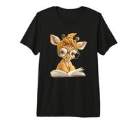 Baby Giraffe Open Book Reading Animal Lover Graphic Portrait Premium T-Shirt