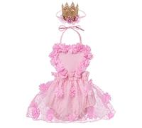 Baby Girl 1st Birthday Outfit Boho Lace Romper Princess Tutu Dress with Crown Headband First Birthday Photoshoot Clothes Pink Flower+Crown 80