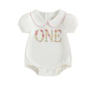 Baby Girl 1st Birthday Romper Floral Letters Embroidery Bodysuit Doll Collar Short Sleeve Jumpsuit Playsuit Infant Girls 1st Birthday Outfits Cake Smash Clothes Daywear (White, 6-12 Months)