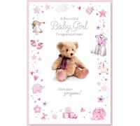 Baby Girl Birth Card, Teddy Design, 13x19cm, Silver Foil Accents, Congratulations Message