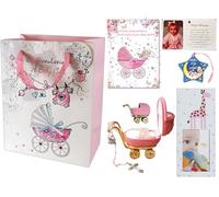 Baby Girl Birth Congratulations Gift Set Rosary Beads in Pram Box, Metal Photo Frame, Greetings Card, Prayer Card, Hanging Star Plaque all in a Gift Bag. Complete Present for Celebrating a New Female.