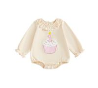 Baby Girl Birthday Romper Sweatshirt First Birthday Playsuit Long Sleeve Doll Neck Number Cupcake Embroidered Button Down Jumpsuit Newborn 1st Birthday One Piece Outfits (Apricot, 12-18 Months)