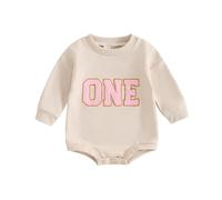 Baby Girl Boy Birthday Outfits Letter One/Two/Three/Four Embroidery Sweatshirt Romper Unisex Cake Smash Clothes (Beige Romper One, 0-6 Months)
