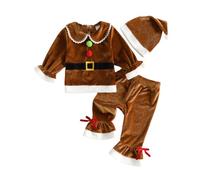 Baby Girl Boy Christmas Santa Costume 3pcs Outfit Jacket Long Pant Xmas Hat | Toddler Warm Thick Velvet Santa, Elf /Reindeer/Gingerbread Theme,Bow Decor Flared Pants,Doll Collar Coat Xmas Cosplay Costume