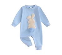Baby Girl Boy Easter Outfit Bunny Embroidery Romper with Pompom Tail Rabbit Jumpsuit Neutral Newborn Coming Home Photo (Blue, 6-12 Months)