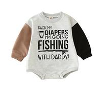 Baby Girl Boy Fall Outfits Going Fishing Print Long Sleeve Pullover Sweatshirt Romper Onesie Newborn Clothes Bodysuits for Infant Baby Newborn Color Block Clothes (Grey, 6-12 Months)