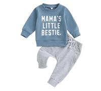 Baby Girl Boy Fall Winter 2Pcs Fall Outfits Long Sleeve Mamas Bestie Heart Print Pullover Sweatshirt Tops+ Solid Pants Toddler Sweatsuit (Blue, 12-18 Months)