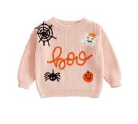 Baby Girl Boy Halloween Knit Sweater Funny Crochet Pumpkin Ghost Spiders Embroidery Pullover Warm Knitwear Fall Winter Clothes (Pink, 12-18 Months)