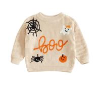 Baby Girl Boy Halloween Knit Sweater Funny Crochet Pumpkin Ghost Spiders Embroidery Pullover Warm Knitwear Fall Winter Clothes (Beige, 2-3 Years)