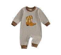Baby Girl Boy Rompers Waffle Striped Jumpsuit Strawberry/Tractor/Cowboy Boots Embroidery Long Sleeve Bodysuit Neutral Newborn Fall Winter Clothes Welcome Home (Chocolate, 12-18 Months)