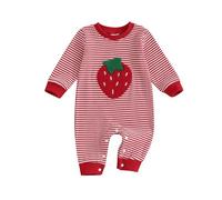 Baby Girl Boy Rompers Waffle Striped Jumpsuit Strawberry/Tractor/Cowboy Boots Embroidery Long Sleeve Bodysuit Neutral Newborn Fall Winter Clothes Welcome Home (Red, 3-6 Months)