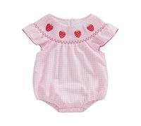 Baby Girl Cherry/Strawberry/Watermelon Embroidery Smocked Bubble Rompers Flutter Sleeve Fruit Bodysuit Cute Summer Clothes 0-18M (Strawberry, 3-6 Months)
