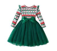 Baby Girl Christmas Dresses Kids Cartoon Print Autumn Winter Ruffle Long Sleeve Round Neck Pullover Lace Dresses Christmas Outfit Halloween Wedding Dresses Toddler Outfit Clothes Green