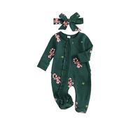 Baby Girl Christmas Outfit Candy Cane Jumpsuit Zipper Footie Romper Ruffle Bodysuit with Bow Headband Cute 2Pcs Newborn Clothes Welcome Home First Christmas Photo Shoot (Green, 12-18 Months)