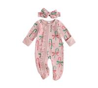 Baby Girl Christmas Outfit Candy Cane Jumpsuit Zipper Footie Romper Ruffle Bodysuit with Bow Headband Cute 2Pcs Newborn Clothes Welcome Home First Christmas Photo Shoot (Light Pink, 3-6 Months)