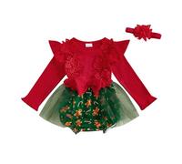 Baby Girl Christmas Outfit Gingerbread Candy Cane Print Flower Mesh Romper Dress Ruffle Long Sleeve Bodysuit Jumpsuit Headband 2pcs Set Cute Baby Clothes (Red Tulle Patch, 6-12 Months)