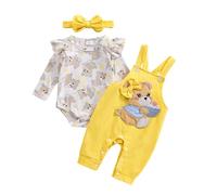 Baby Girl Clothes Baby Outfit Infant Clothes Set Bear Print Long Sleeve Romper With Overalls Pants Headband Clothing Set (Bear Yellow, 3-6 Months)