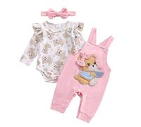 Baby Girl Clothes Baby Outfit Infant Clothes Set Bear Print Long Sleeve Romper With Overalls Pants Headband Clothing Set (Bear Pink, 0-3 Months)
