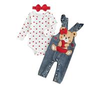 Baby Girl Clothes Baby Outfit Infant Clothes Set Heart Print Long Sleeve Romper With Denim Overalls Pants Headband Clothing Set (White, 12_months)
