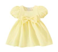 Baby Girl Clothes Kids Short Sleeve Bowknot Solid Color Ruffles Clothes Dance Party Clothes Outfit Toddler Birthday Party Bridesmaid Clothes Yellow