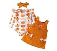 Baby Girl Clothes Newborn Dress Set Long Sleeve Halloween Baby Girl Clothes 3 Pieces Clothing Little Outfits Toddler Girls Tops Romper + Bowknot Overall Dress (Orange, Months)