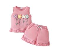 Baby Girl Clothes Short Sets Toddler Girl Summer Outfits Shirts Tops Ripped Denim Shorts Set Little Girl Clothes (18-24 Months) Pink