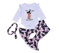 Baby Girl Clothes The First Halloween Long Sleeve Romper Cute Letter Bat Print Flare Pants Bell Bottoms Outfits 3Pcs Newborn Infant Hair Band Clothing Sweat Outfits for Kids (White, 0-3 Months)