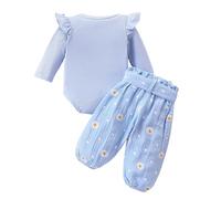 Baby Girl Comin Home Clothes Casual Ruffl Long Sleeve Romper Flor l Printed Pants with Belt 3PC Outfit Set (Sky Blue, 18-24 Years)
