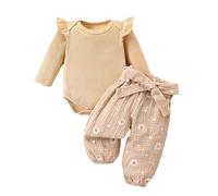 Baby Girl Comin Home Clothes Casual Ruffl Long Sleeve Romper Flor l Printed Pants with Belt 3PC Outfit Set (Khaki, 6-12 Months)