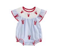 Baby Girl Crawfish Smocked Bubble Romper Lobster Embroidery Flutter Sleeve Bodysuit Cute Newborn Summer Outfit 0-18M (Blue, 3-6 Months)