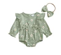 Baby Girl Daisy Flower Bubble Rompers Linen Ruffle Long Sleeve Bodysuit with Headband Cute Newborn Fall Clothes Welcome Home 3 6 12 18 Months (Green, 0-3 Months)
